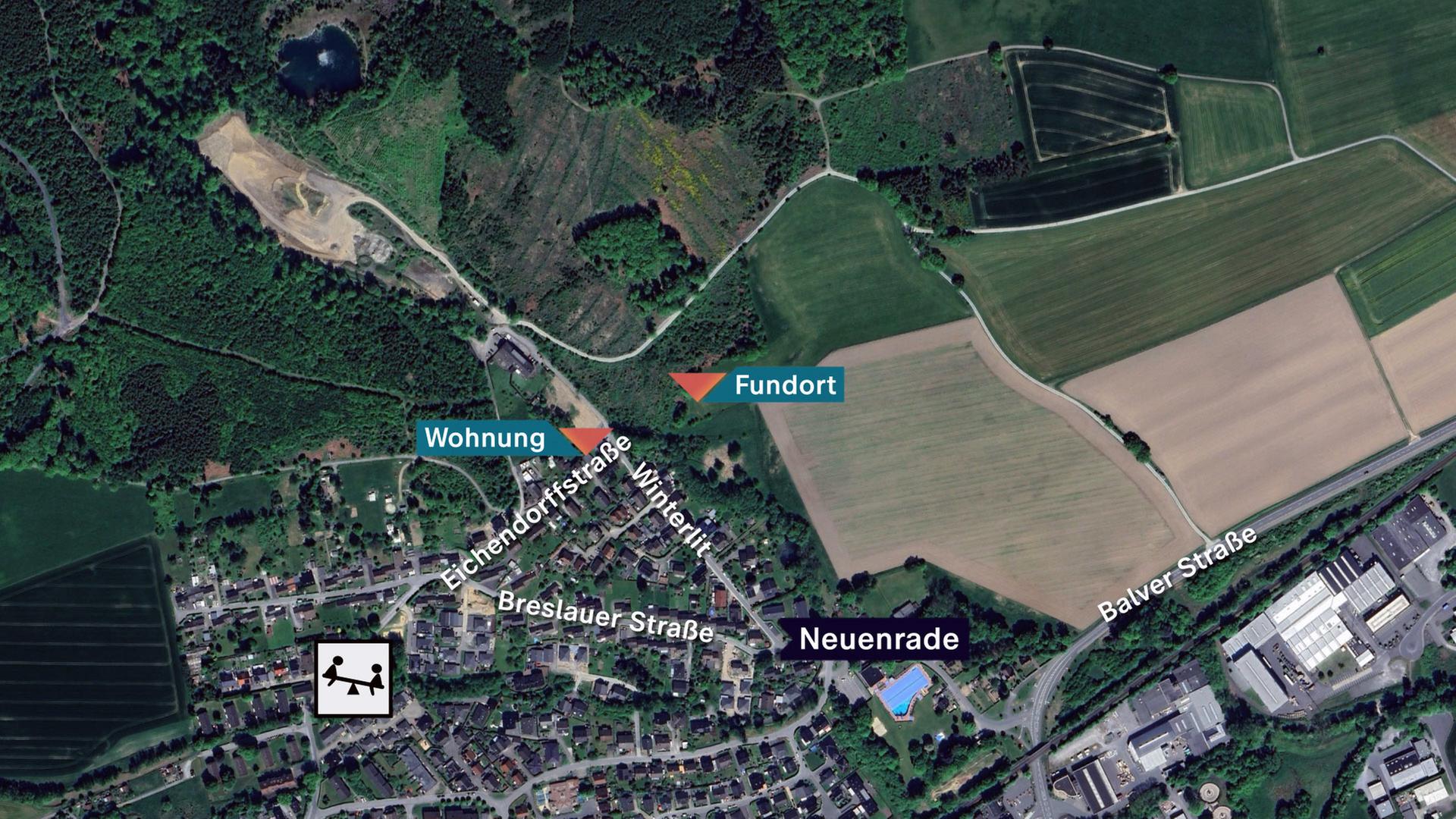 Übersicht: Lage des Tatorts, des Wohnhauses und des Fundorts. Alles liegt in Neuenrade nah beieinander.