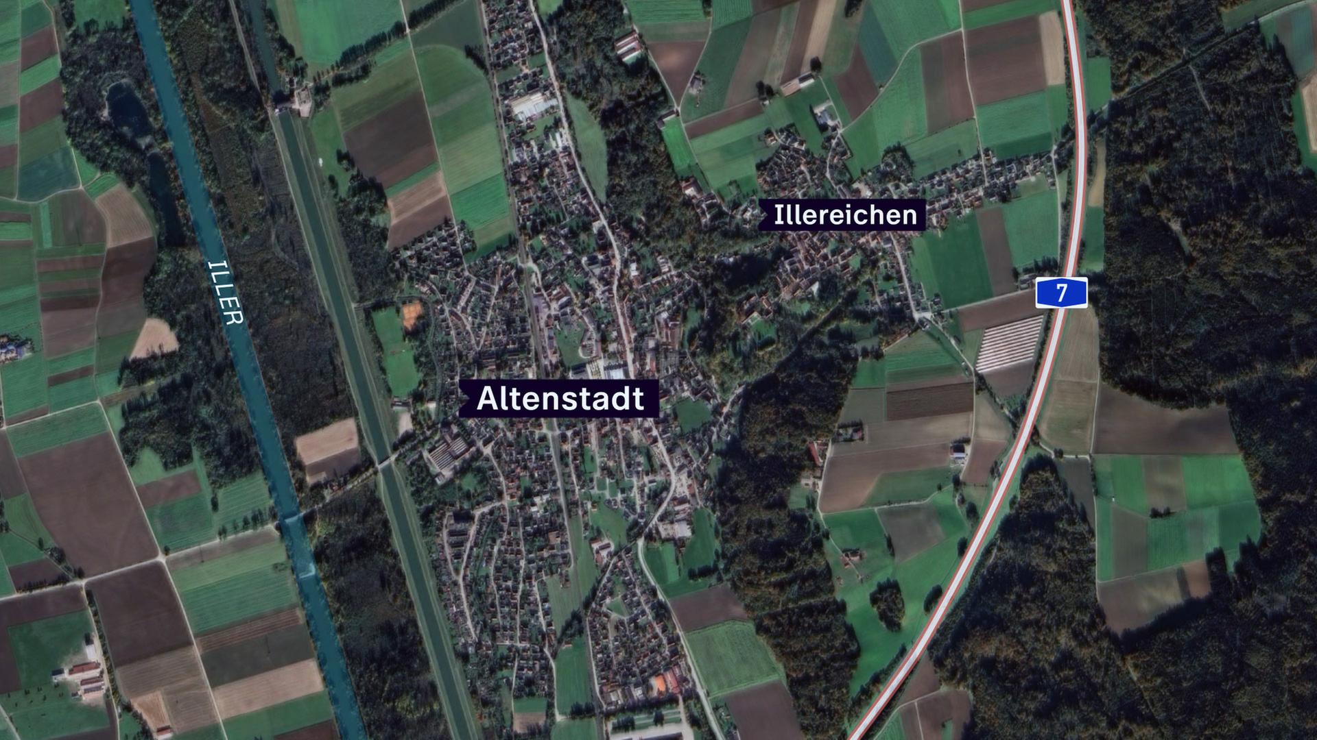 Eine Google Earth Karte vom Tatort. Er befindet sich in Illereichen, einem Ortsteil von Altenstadt.