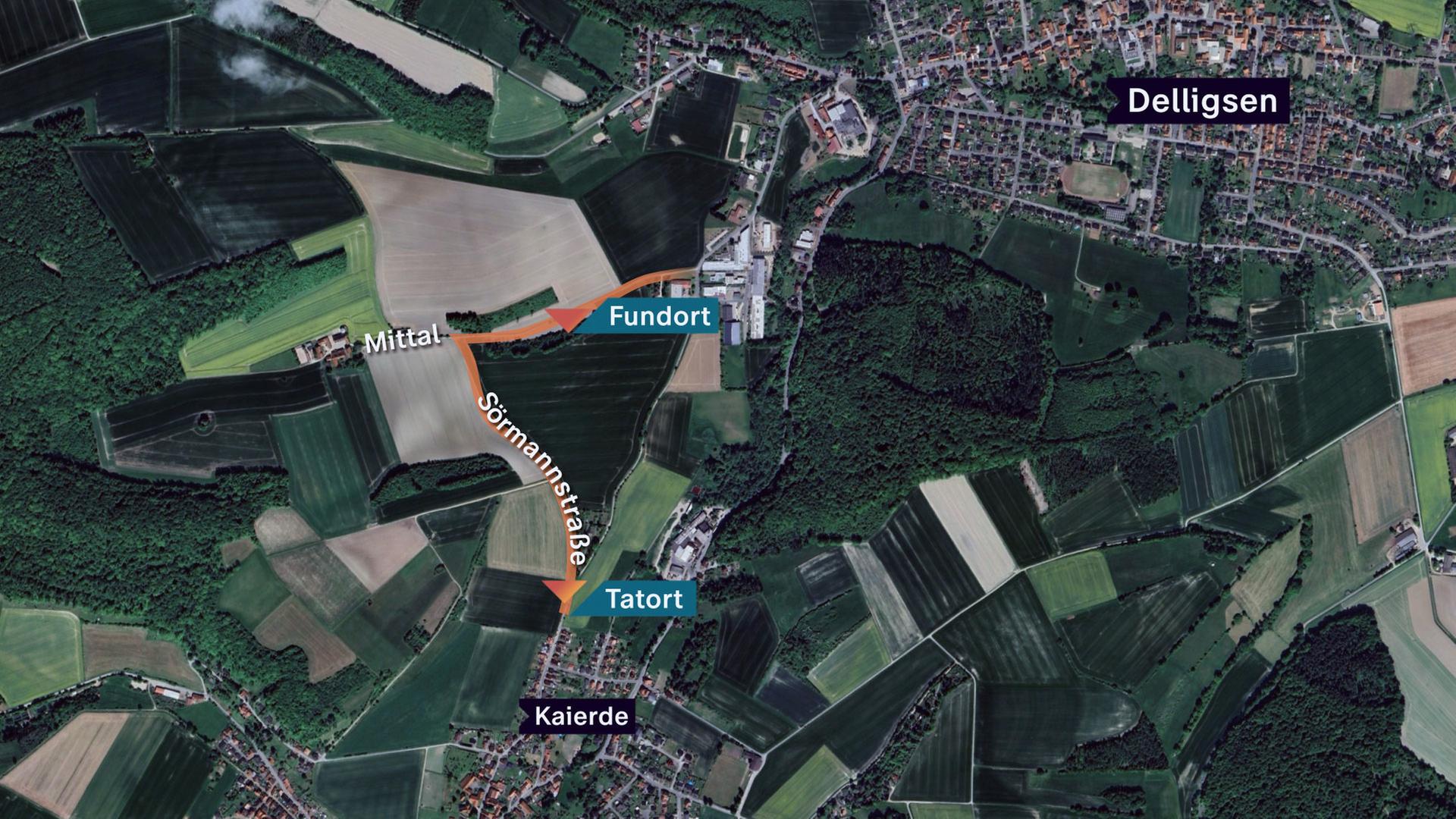 Eine Google Earth Karte vom rekonstruierten Fluchtweg, zwischen den Orten Kaierde und Delligsen