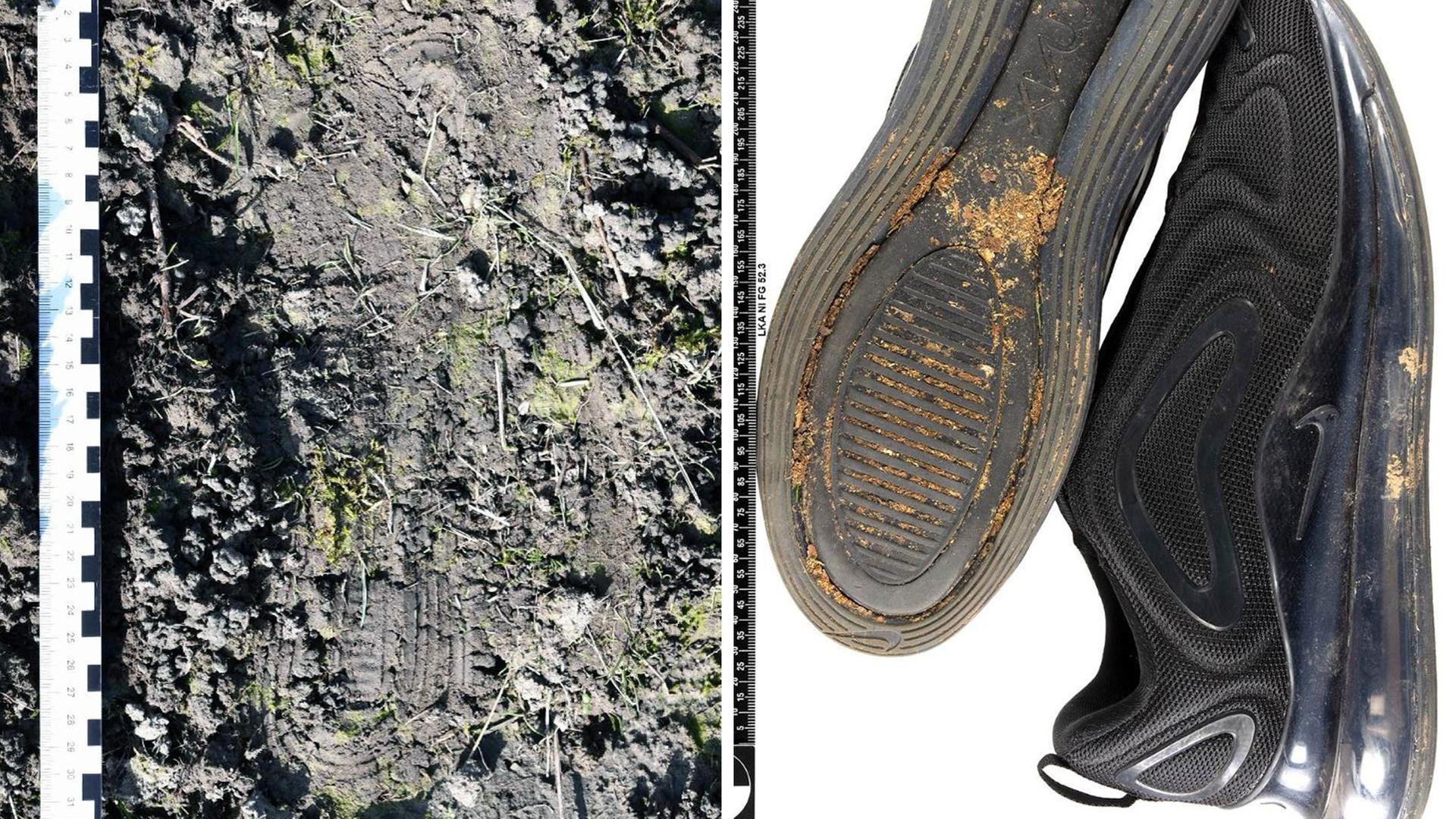 Links: gefundener Sohlenabdruck. Rechts: Nike AirMax 720 