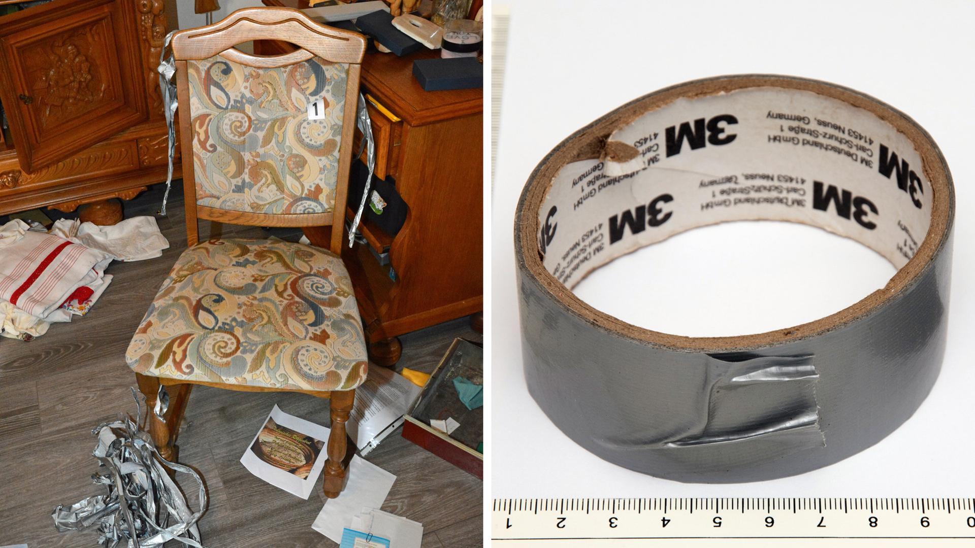 Links: Silberfarbenes Panzertape hängt an einer Stuhllehne. Rechs: Silberfarbenes Panzertape auf einer Rolle.