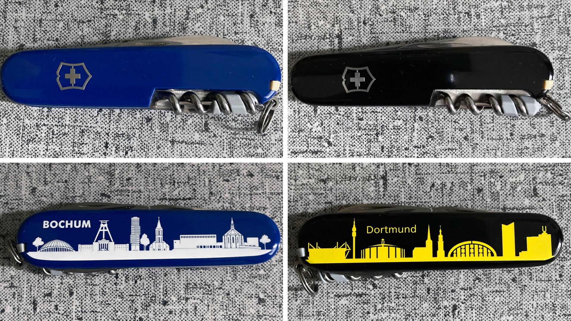 Vorder- und Rückseite von zwei Taschenmessern. Eines in blau mit dem Panorama von Bochum in weiß auf der Rückseite. Das andere in schwarz mit gelbem Dortmund-Panorama.