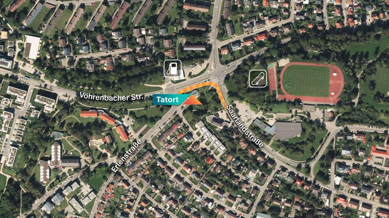 Karte mit eingezeichnetem Tatort in der Erlenstraße in Villingen-Schwenningen