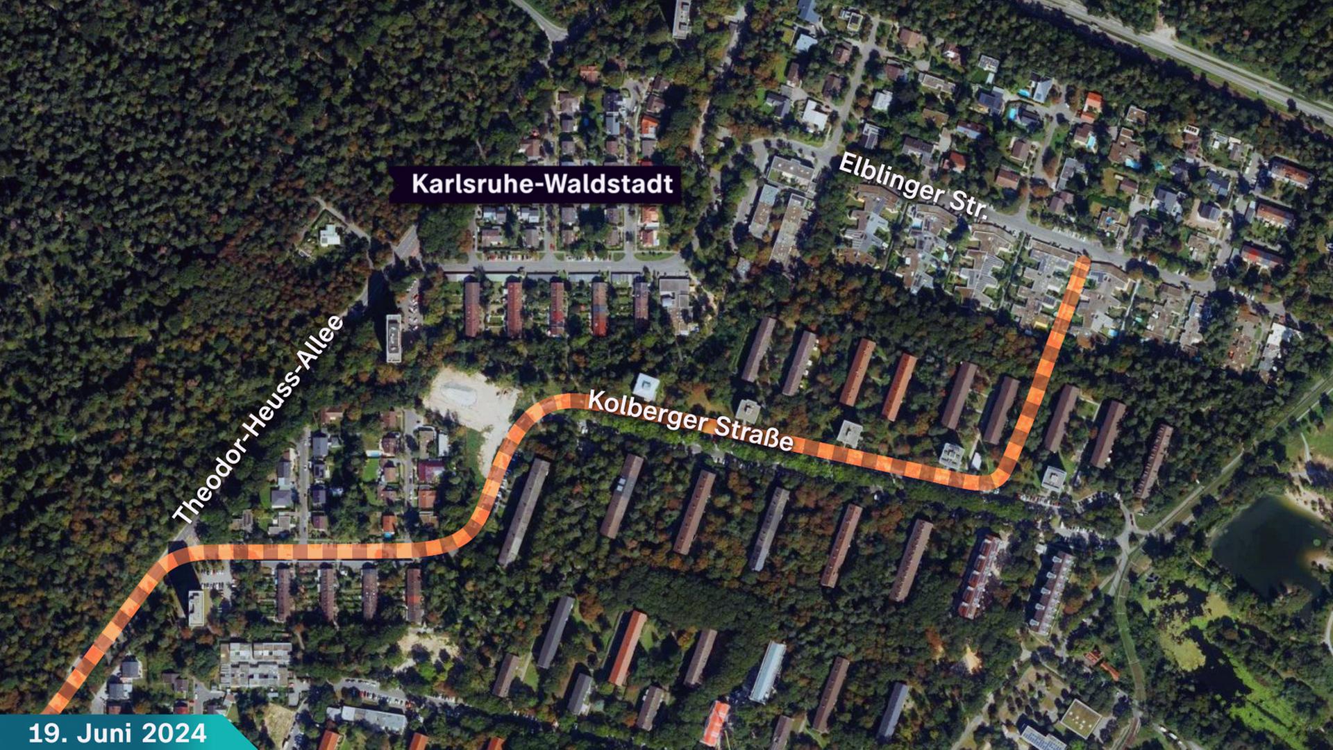 Karte von Karlsruhe Waldstadt: Der Tatort befindet sich rund um die Elblinger Straße.