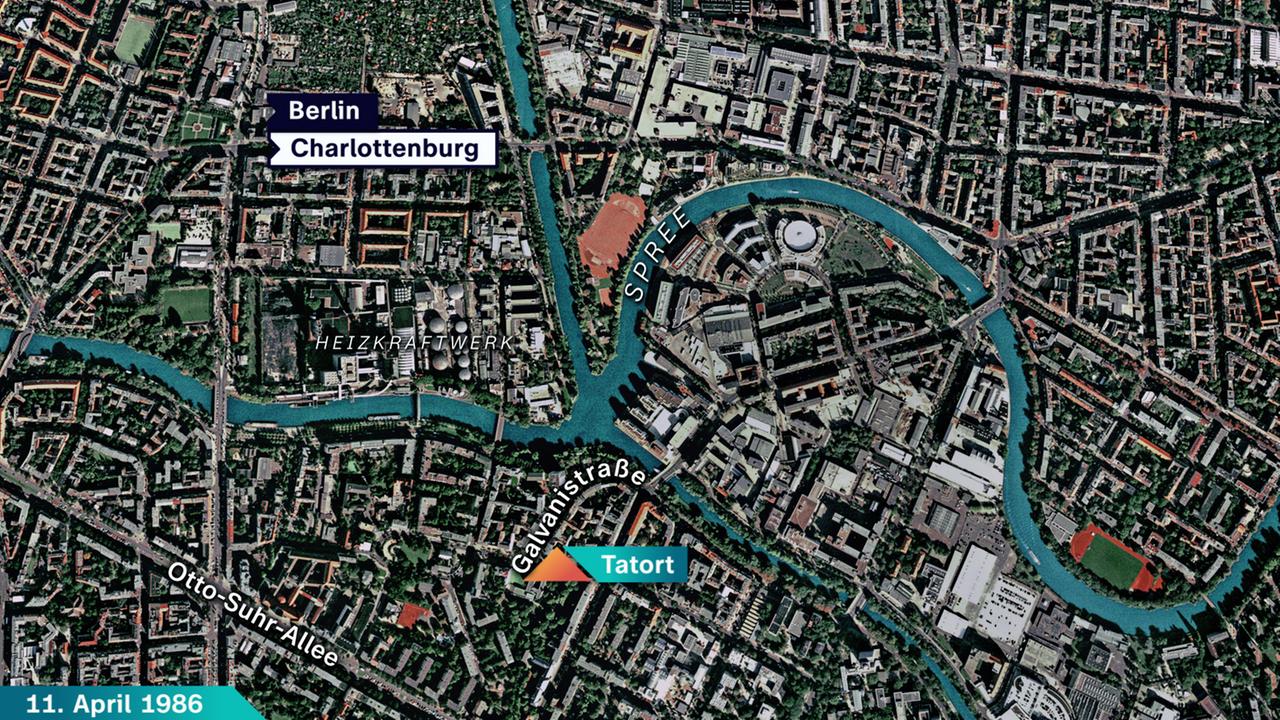 Karte der Umgebung des Tatorts in Berlin-Charlottenburg aus dem Jahr 2000. Darauf eingezeichnet: der Tatort in der Galvanistraße. 