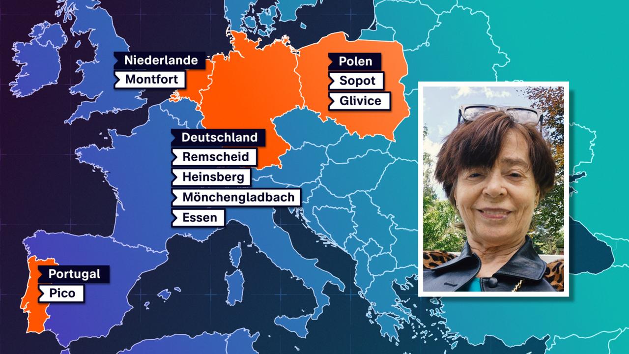 Karte von Europa mit den eingezeichneten Aufenthaltsorten der vermissten Teresa Krug: Deutschland, Polen, Niederlande, Portugal