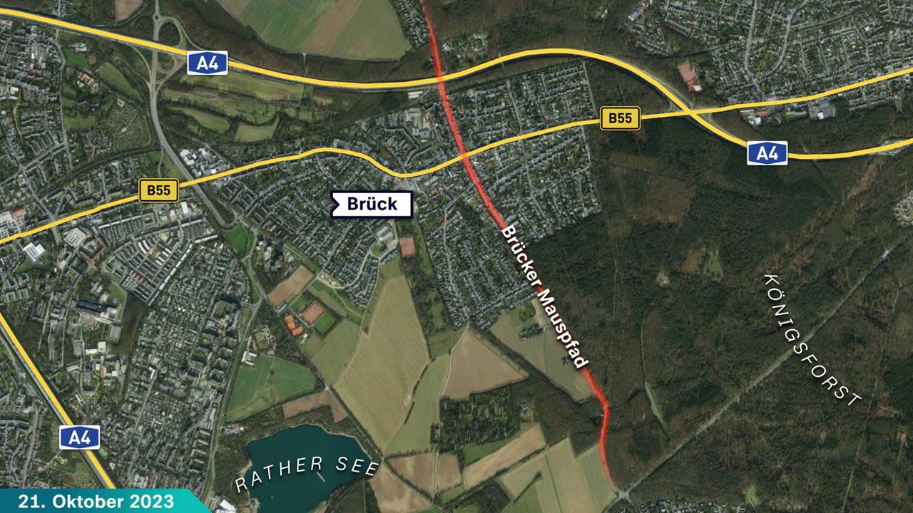 Karte von Köln-Brück mit eingezeichnetem Tatort am Brücker Mauspfad