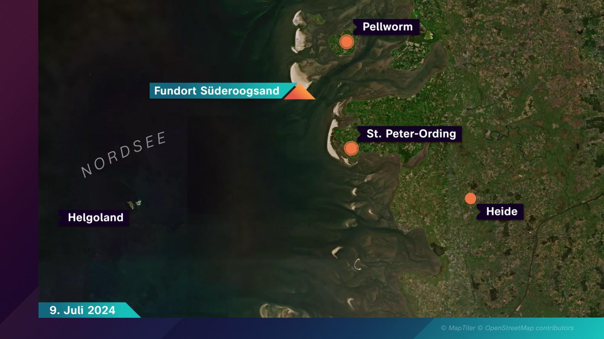 Karte mit Markierung des Leichenfunds bei Süderoogsand südlich der Insel Pellworm