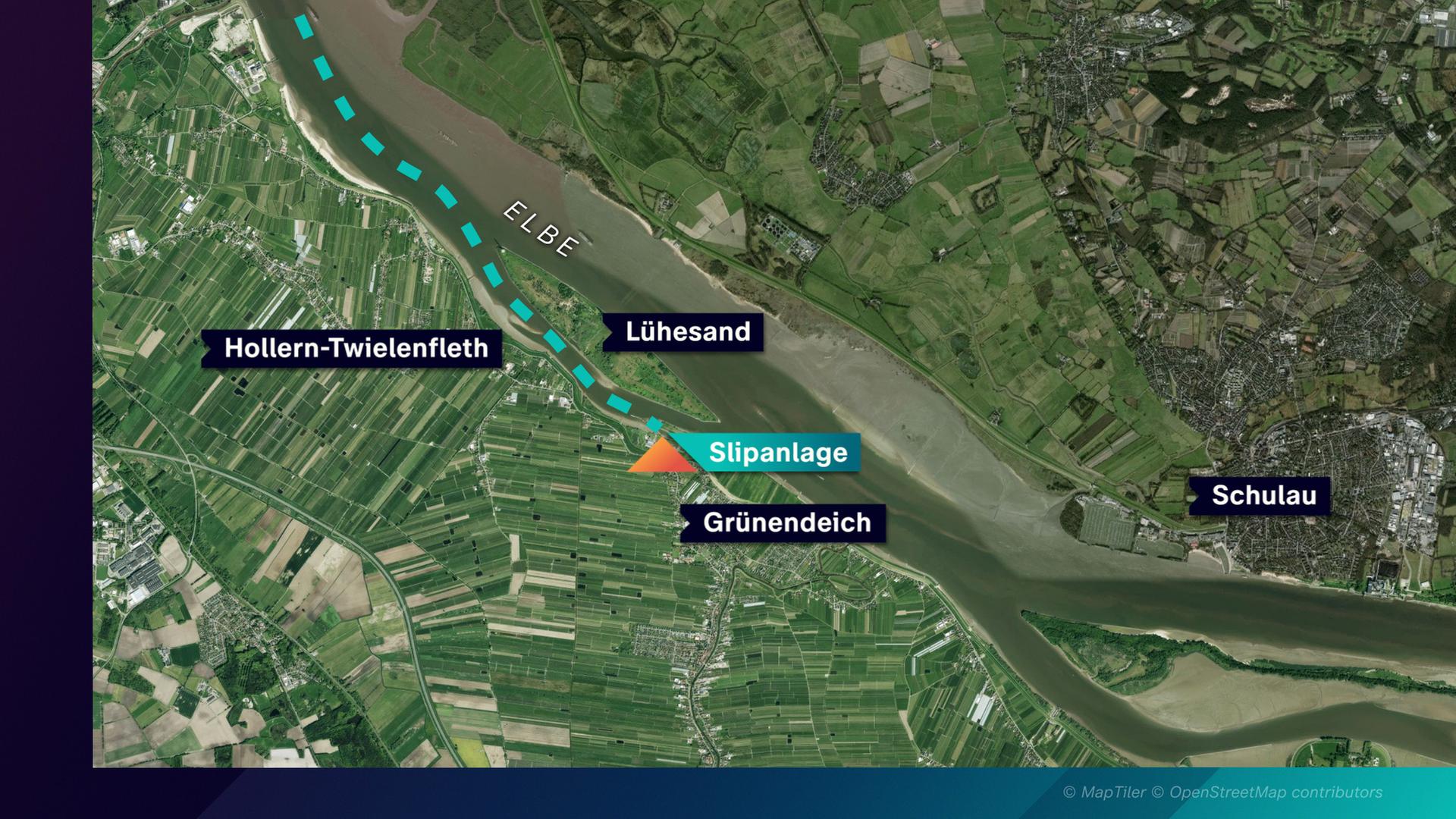 Übersichtskarte von der Route des Opfers am Tattag, beginnend in Grünendeich über die Elbe westlich in Richtung Außenelbe, vorbei an Cuxhaven hinaus auf die Nordsee.