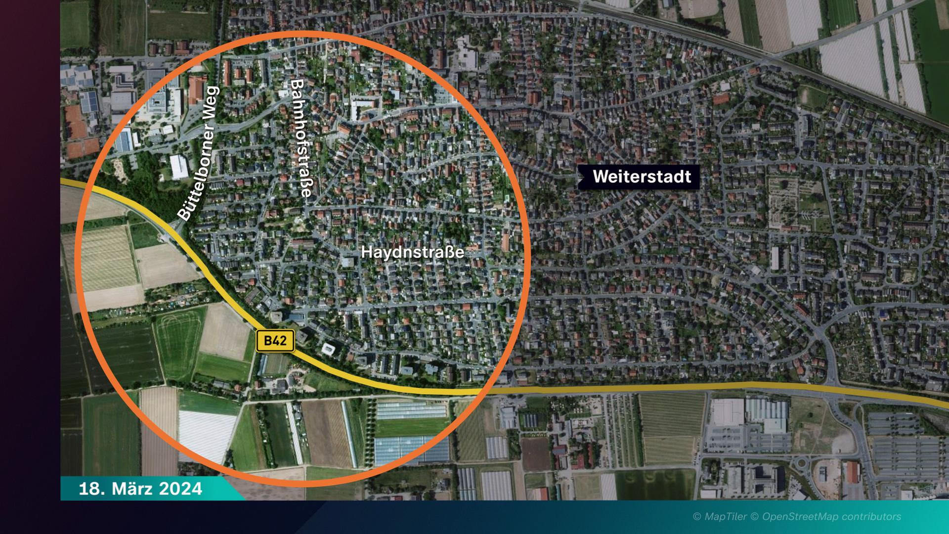 Karte von Weiterstadt mit ungefährer Lage des Tatorts im Westen der Ortschaft