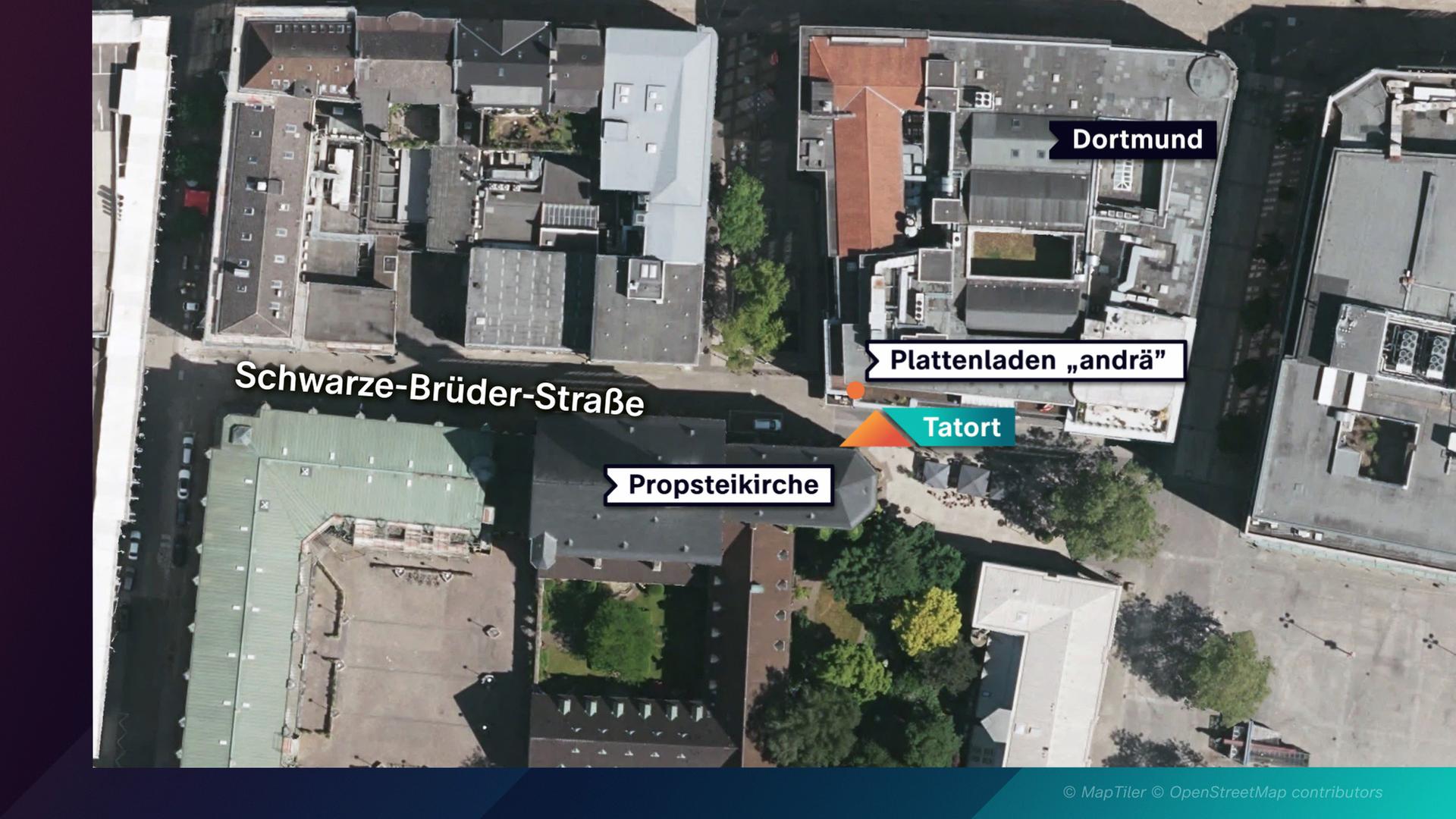 Eine Übersichtskarte zeigt die Dortmunder Schwarze-Brüder-Str. Dort, vor dem Plattenladen "andrä", hat die Tat stattgefunden.