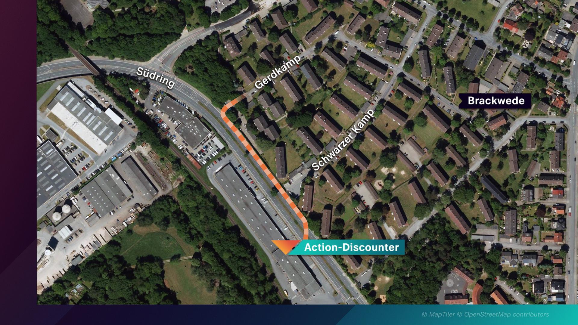 Karte mit dem Tatort am Südring in Bielefeld-Brackwede und dem eingezeichneten Fluchtweg des Täters