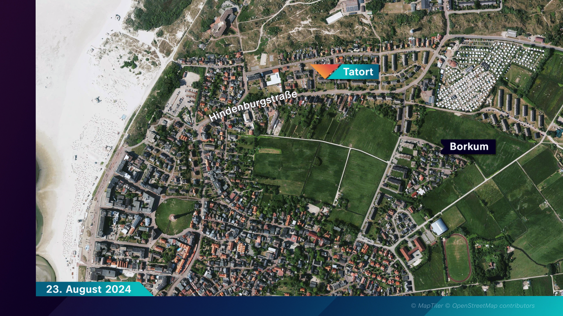 Auf einer Karte von Borkum ist die Hindenburgstraße zu sehen. Dort fand der Brandanschlag auf die Familie statt.