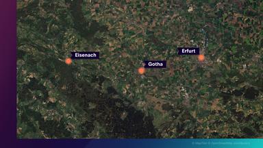 Karte von Gotha und der benachbarten Orte Erfurt und Eisenach