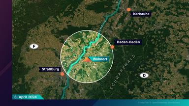 Karte mit wichtigen Örtlichkeiten des Falls: Familie Bohnert lebte in Lichtenau-Muckenschopf in Baden-Württemberg. Das Suchgebiet hatte einen Radius von 30 Kilometern.