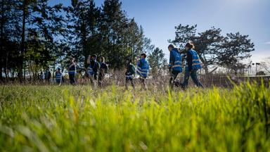 Junge Personen in blauen Warnwesten laufen durch eine Wiese.