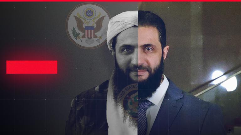 Collage: Porträt Ahmad al-Scharaa - linke Hälfte Fahnungsfoto als einer der meistgesuchten Männer der Welt, rechte Bildhälfte Foto als Machthaber von Syrien