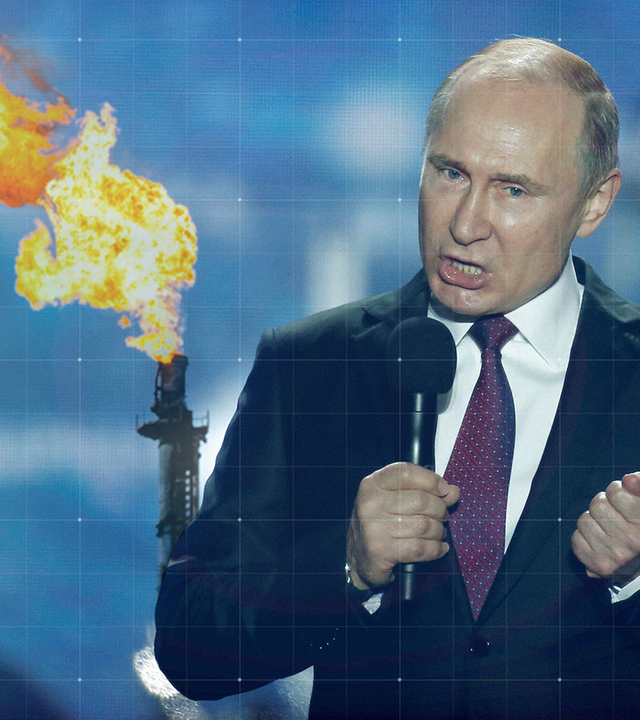 Collage: Wladimir Putin mit geballter linker Faust und in der rechten Hand ein Mikrofon haltend und angespannt redend; im Hintergrund eine Gasflamme-Fackel auf einer Öl-Raffinerie-Anlage. 