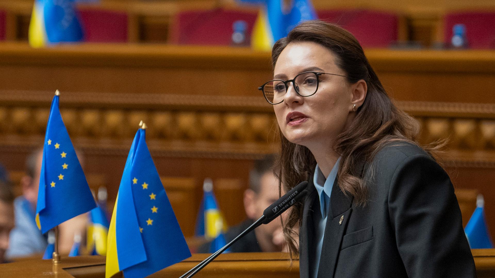 Yulia Svyrydenko nach ihrer Wahl zur neuen Premierministerin der Ukraine im Ukrainischen Parlament in Kyiv am 17.07.2025.