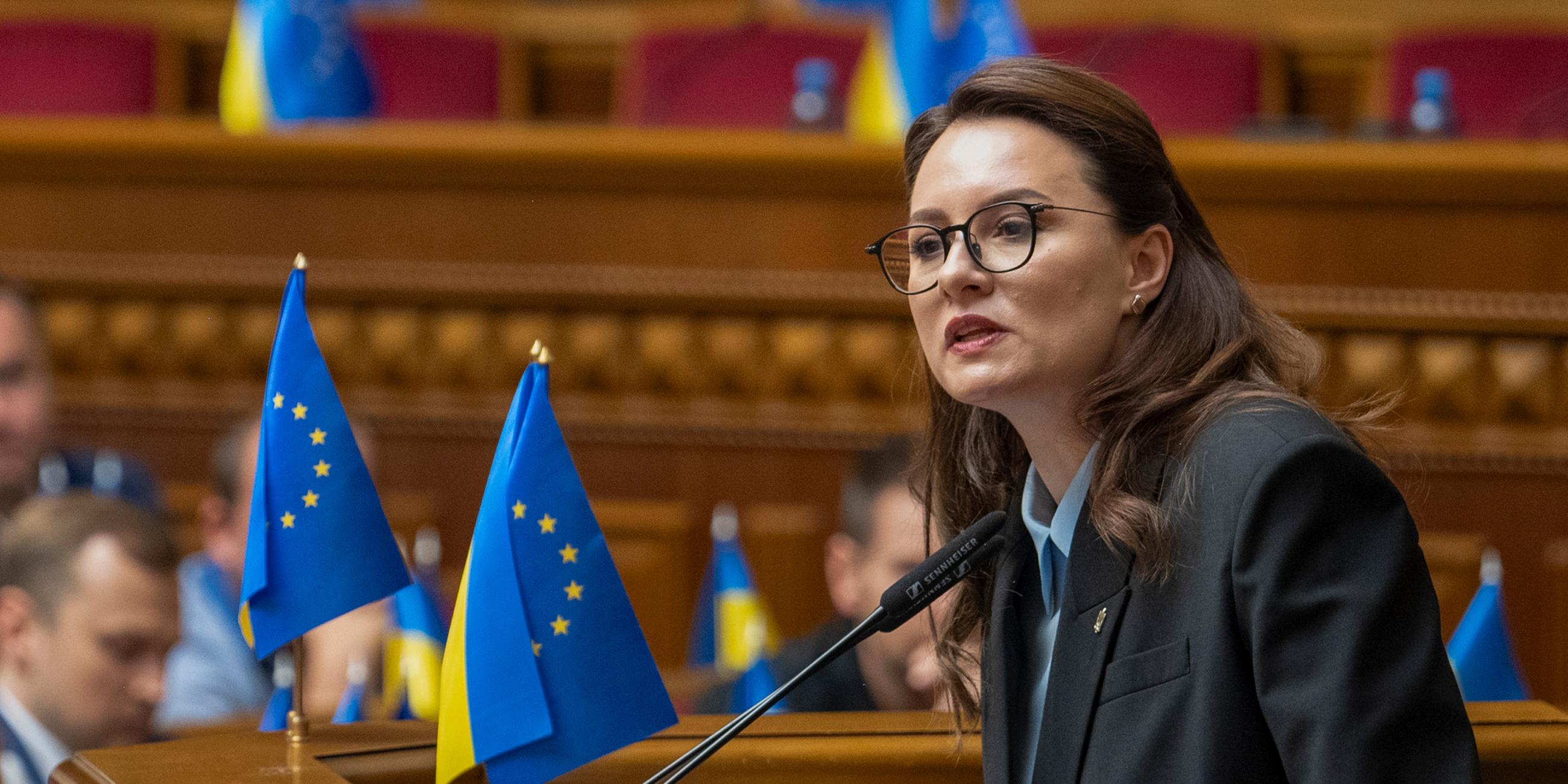Yulia Svyrydenko nach ihrer Wahl zur neuen Premierministerin der Ukraine im Ukrainischen Parlament in Kyiv am 17.07.2025.