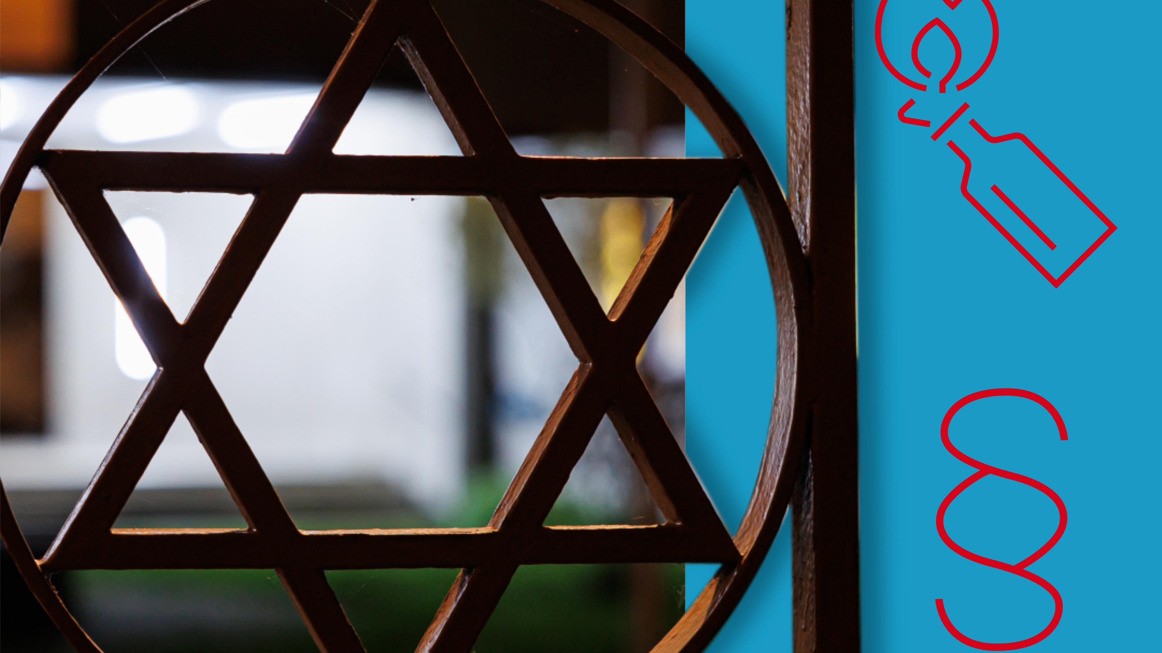 Eingangstor einer Synagoge und graphische Symbole für Bedrohung und Rechtsprechung