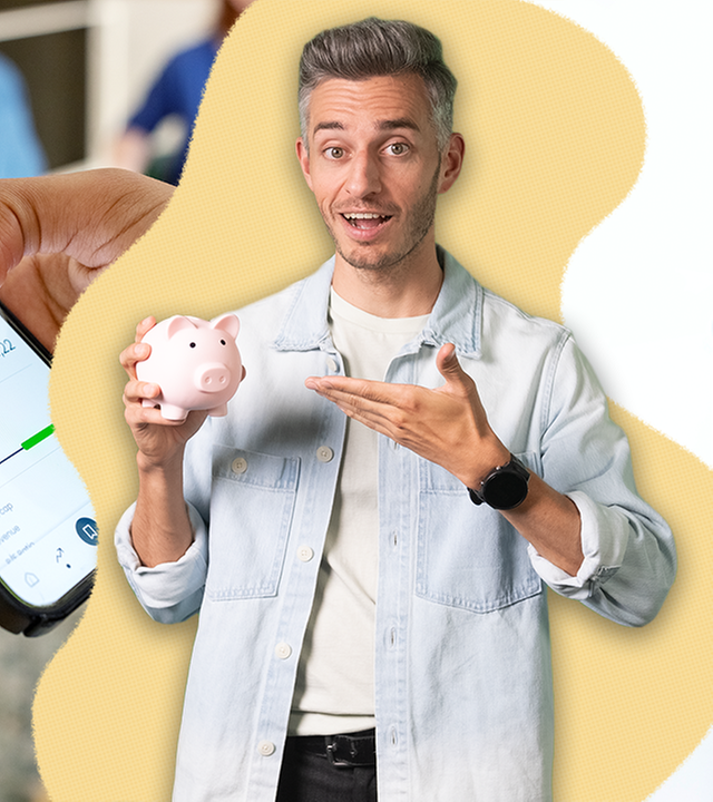Marvin Neumann samt Geldscheinen und Aktienkurse-App auf Smartphone
