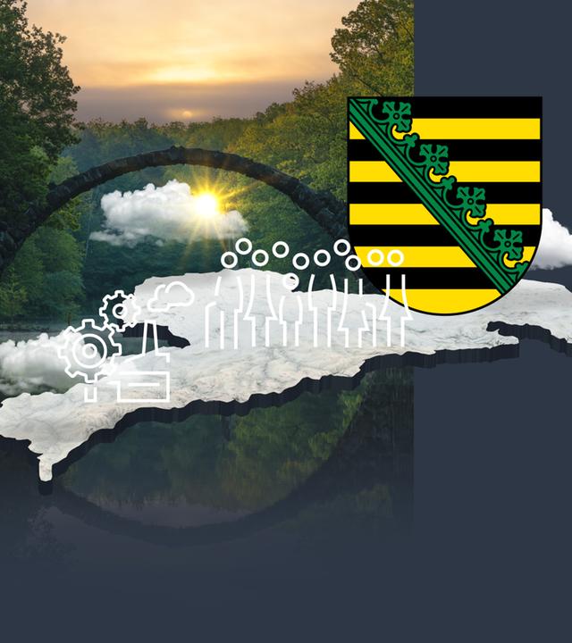 Landschaft in Sachsen und sächsisches Landeswappen