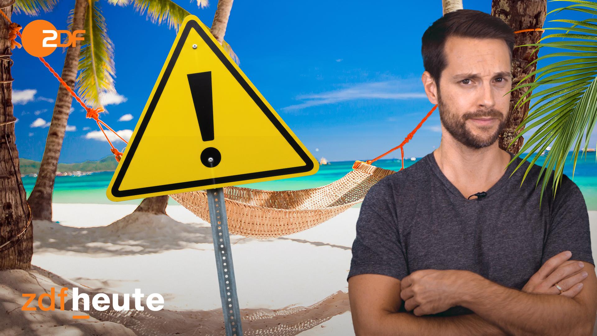 Auf der linken Seite zu sehen ist der Host Mirko Drotschmann; im Hintergrund zu sehen ist eine Hängematte und ein Warnschild