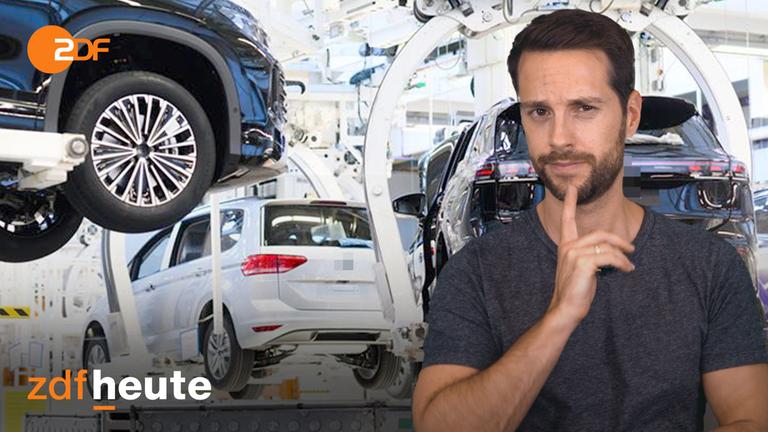 Rechts im Bild zu sehen ist Host Mirko Drotschmann. Im Hintergrund sieht man eine Produktionshalle der Automobilbranche.