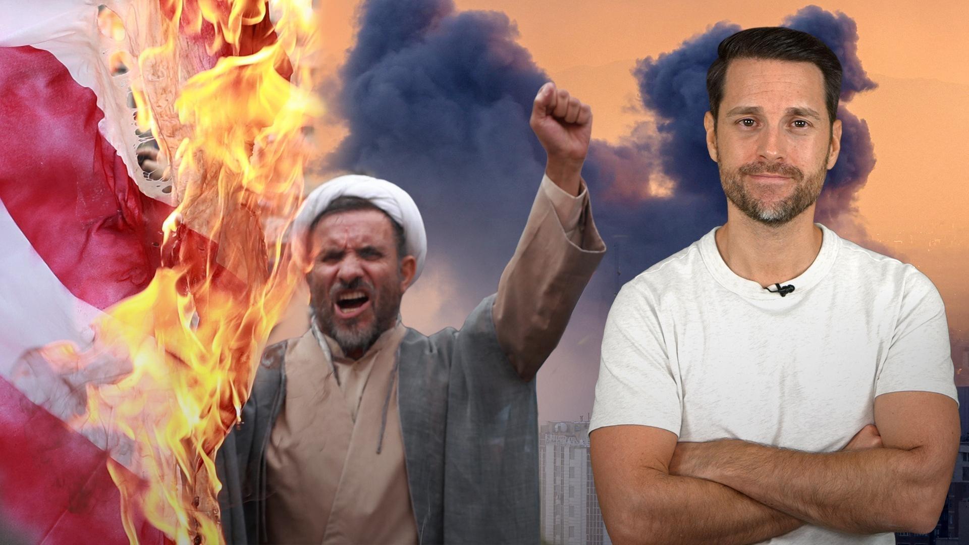 Auf der rechten Seite des Bildes zu erkennen ist eine protestierende Person aus dem Iran, auf der linke Seite zu sehen ist Host Mirko Drotschmann