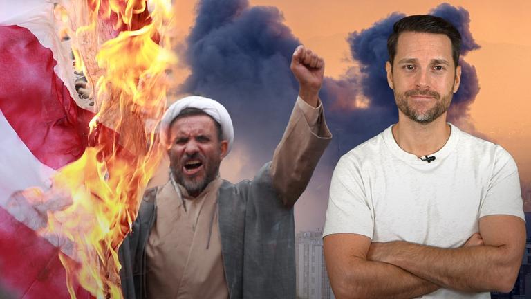 Auf der rechten Seite des Bildes zu erkennen ist eine protestierende Person aus dem Iran, auf der linke Seite zu sehen ist Host Mirko Drotschmann