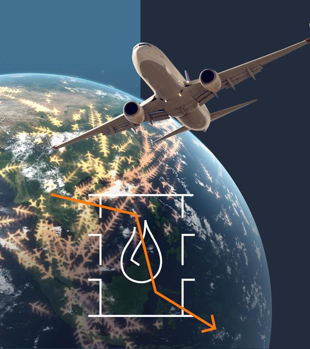 Grafischer Globus mit Ölfass und Flugzeug 