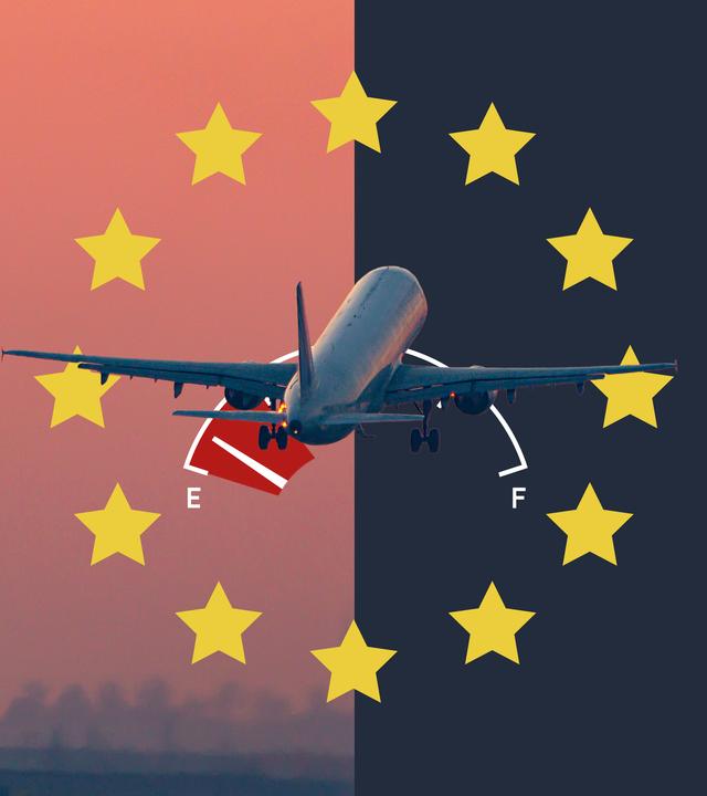 Flugzeug mit grafischer Tankanzeige und EU-Sternen
