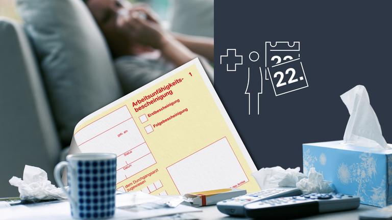 Foto Arbeitsunfähigkeitsbescheinigung und Grafik Mensch und Kalenderblatt