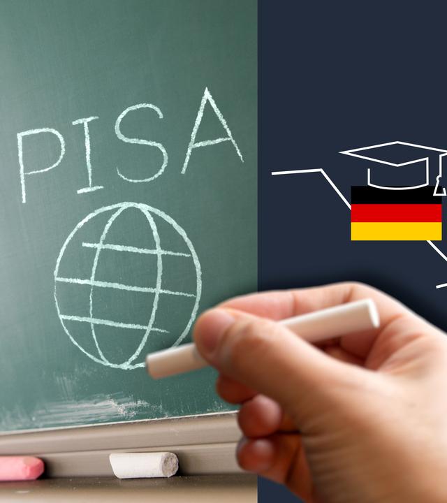 Tafel mit dem schriftzug PISA, Hand mit Kreide, Flagge Deutschland mit Doktorhut