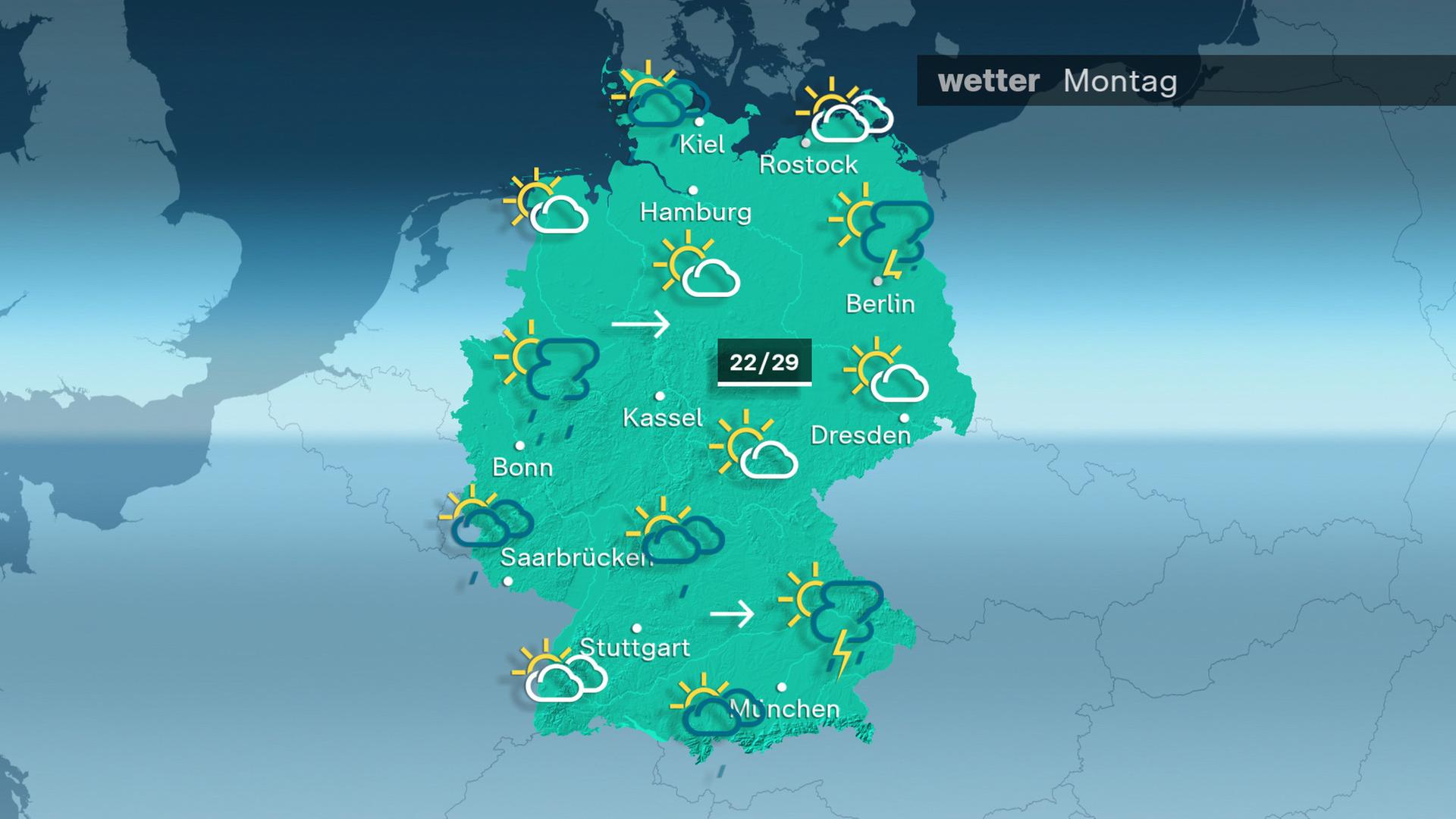 Am Montag gibt es im Westen und Süden, am Nachmittag auch im Nordosten Schauer und Gewitter. Dazwischen ist ein freundlicher und meist trockener Streifen. Die Temperatur steigt auf Werte von 22 bis 29 Grad. 