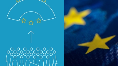 Pictogramm Menschen und EU-Parlament und Foto EU-Flagge