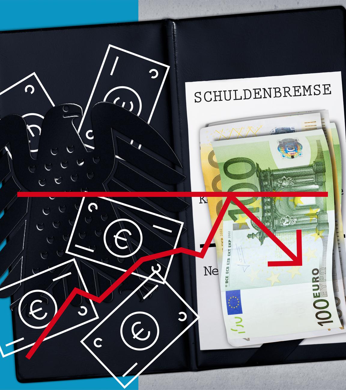 Grafisches Haushaltsbuch mit Geldscheinen und dem Schriftzug Schuldenbremse