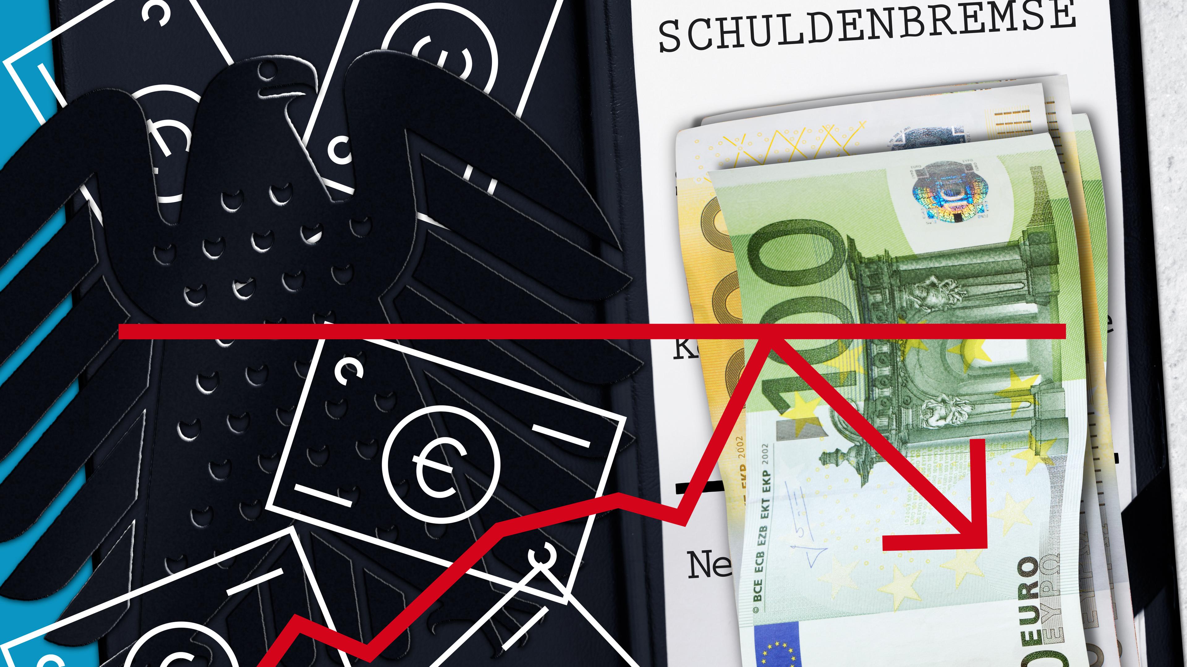 Grafisches Haushaltsbuch mit Geldscheinen und dem Schriftzug Schuldenbremse