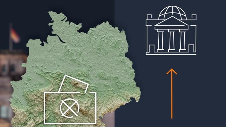 Fläche Deutschlands mit Wahlurne und Pictogramm des Reichstages