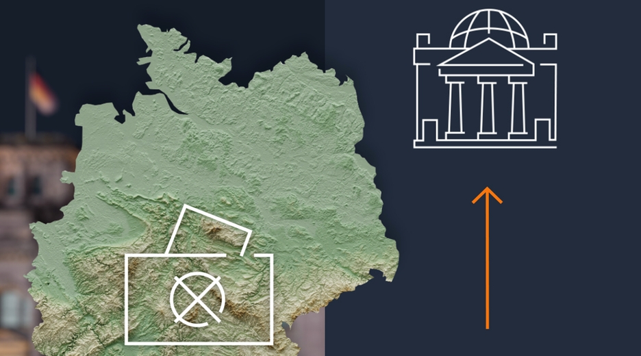Fläche Deutschlands mit Wahlurne und Pictogramm des Reichstages
