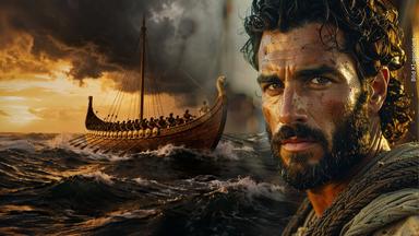 Rechts befindet sich eine Nahaufnahme von Odysseus mit entschlossenem Blick, links ein Schiff mit Besatzung, das über Wellen fährt. KI-generiert.