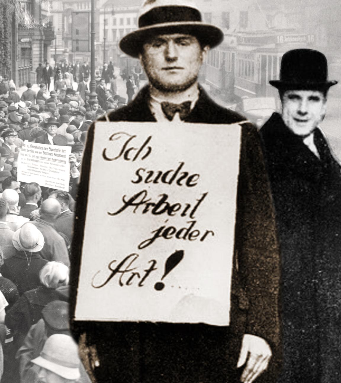 1931, Ein Arbeitsloser in einer Strasse von Berlin mit umgehängten Plakat "Ich suche Arbeit jeder Art!" Im Hintergrund eine Menschenmenge vor der Filiale der Stadtsparkasse.