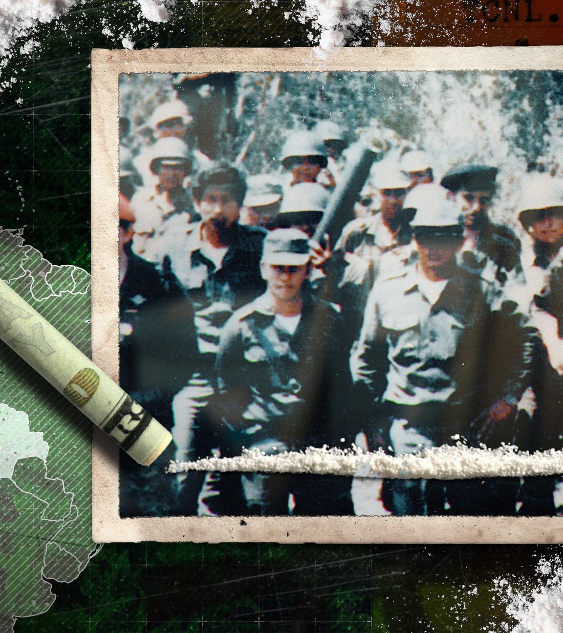 Foto einer Militärgruppe vor einer KArte von Amerika mit Patronen und gerollter Geldschein mit Kokslinie