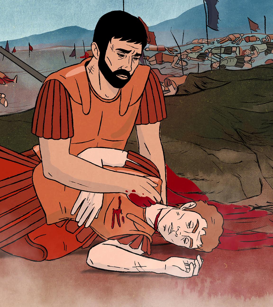 Animation: Tote Soldaten liegen auf einem antiken Schlachtfeld. Im Vordergrund beugt sich ein Soldat über einen tödlich verletzten Kameraden.