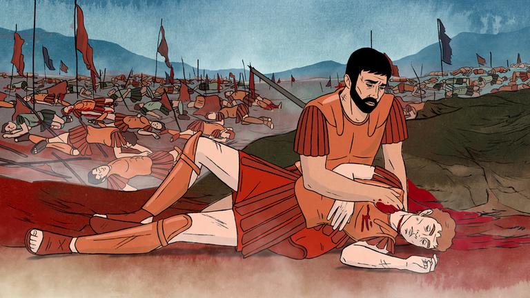Animation: Tote Soldaten liegen auf einem antiken Schlachtfeld. Im Vordergrund beugt sich ein Soldat über einen tödlich verletzten Kameraden.
