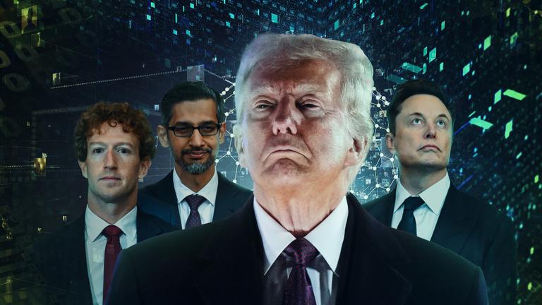 Elon Musk, Mark Zuckerberg, Donald J. Trump und Sundar Pichar mit Datenmengen im HIntergrund