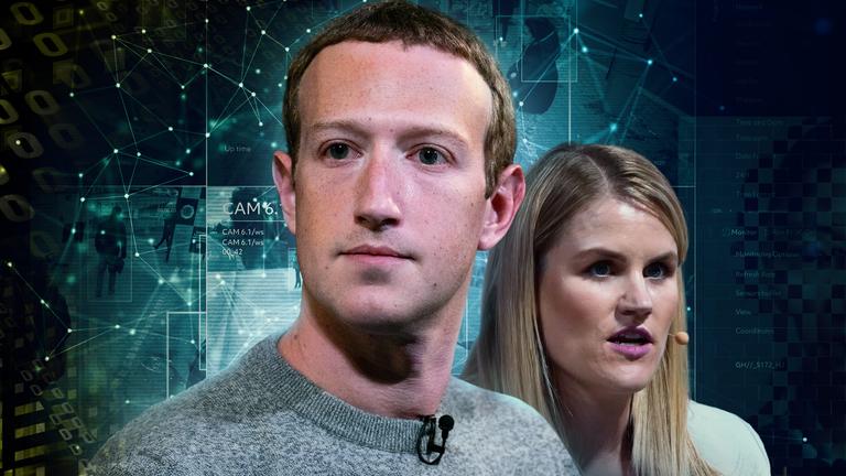 Mark Zuckerberg und Frances Haugen mit Datenmengen im Hintergrund.