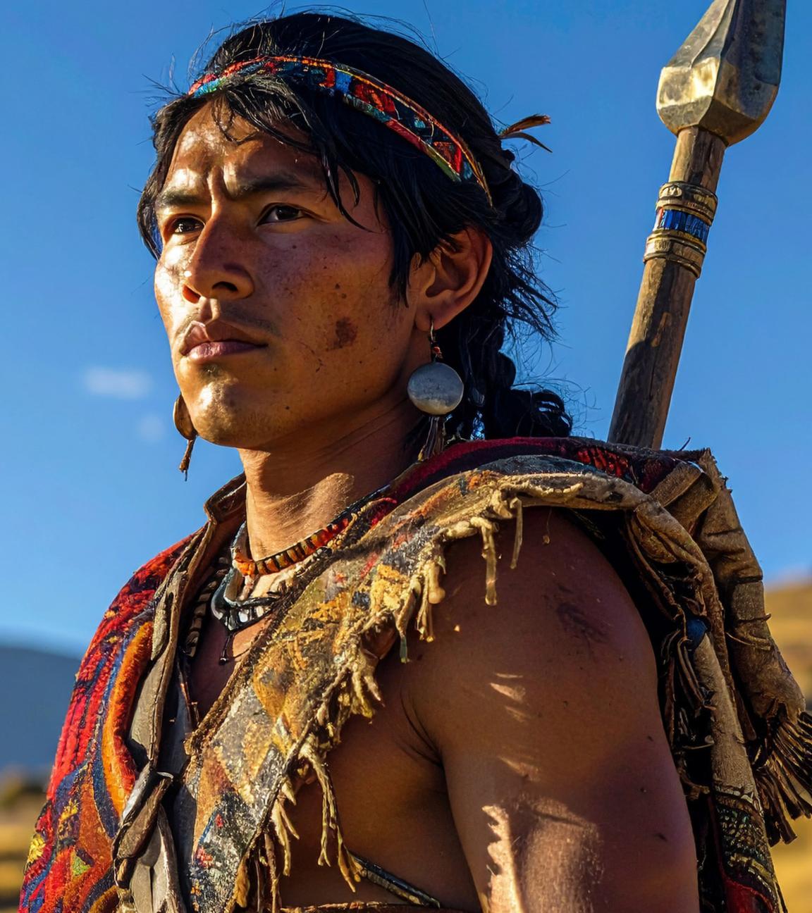Neben der Portraitaufnahme eines Inkakriegers, der in einer Berglandschaft steht und ernst in die Ferne blickt, liegt das Muster einer Sonnenscheibe der Inka.