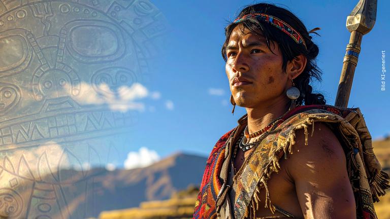 Neben der Portraitaufnahme eines Inkakriegers, der in einer Berglandschaft steht und ernst in die Ferne blickt, liegt das Muster einer Sonnenscheibe der Inka.